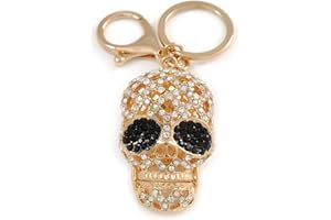 Avalaya Clear/Black Crystal Skull Keyring/Bag Charm In Gold Tone - 10cm L
