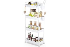 Ronlap Carrello Portaoggetti Sottile, Organizzatore di Stoccaggio Carrello a 4 Livelli, Carrello Portaoggetti su Ruote, con Cestino, divisori, Bianco