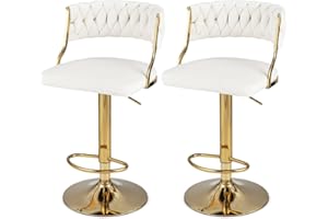 GiantexUK Bar Stools Set of 2, 360° Swivel Height Adjustable Barstools with Woven Back, Footrest, Gas Lift & Anti-Slip Ring, Upholstered Velvet Breakfast Bar Chairs for Kitchen Dining Room (White)