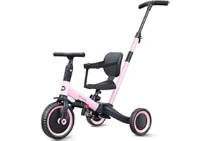 newyoo Triciclo con Manico per Genitori per Bambini 1-3 Anni, Bicicletta per Bambini, Bicicletta Senza Pedali, Regalo di Compleanno e Giocattolo Cavalcabile, 5 in 1 Triciclo, TR007, Rosa