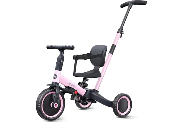 newyoo Tricycle draisienne 5 en 1, Tricycle de 1 à 3 Ans, Tricycle pour Enfants avec Barre de poussée, vélo pour Enfants, draisiennes, Guidon, Barres de sécurité, TR007, Rose