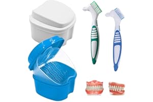 BAFLOVGA 2pcs Zahnprothese Etui, Gebissdose Zahnprothesendose, Zahnspangendose, Zahnprothesen Behälter mit 2pcs Prothesenzahnbürste, Gebissbox mit Korb für Reise Reinigung