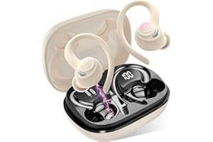 JESEBANG Ecouteurs Bluetooth sans Fil Sport, 2025 Headphones 5.4 HiFi Stéréo, Ecouteurs sans Fil avec ENC Mic, Ecouteur Pour Courir, IP7 Étanche Écouteur, 40H, Oreillette Sans Fil, Casque Écran LED, Beige