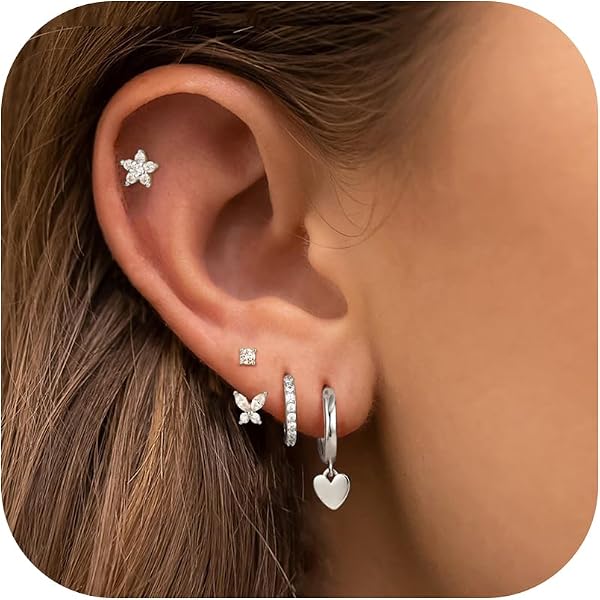 Orecchini Donna Argento 925 4 Paia Argento/Oro Orecchini Set Per Piercing Multipli, 14K Oro Piercing All'orecchio