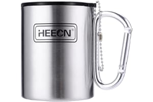 HEECN® Karabiner Tasse mit Deckel - Camping Becher - Edelstahl Tasse - Thermo - Doppelwandige Isolierbecher - Rucksacktourismus - Trekking - Wandern HESS-032BBK
