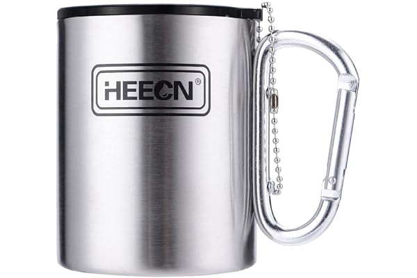 HEECN tasse mousqueton inox double paroi - tasse randonnée avec couvercle - camping mug HESS-032BBK 330ml avec couvercle hermétique pour boire