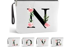 Blisswave Trousse de Toilette A-Z, Cadeaux Personnalisés pour Femmes, Fille, Maman et Amies, Noël, Anniversaires, Petite Trousse Maquillage Rose Élégante et Mignonne, Ornée de Vos Initiales (Blanc)