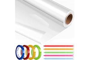 FRENDOUR 40cm x 30m Cellophane Wrap roll, 3 Mils Thickness Clear Cellophane Roll,Wrapping Paper Roll with 50 Colorful Pull Bows&4 Rolls Ribbon for Present Packaging of Christmas.