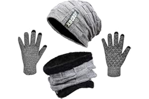 SWYGOO Chapeau Bonnet d'hiver avec Écharpe et Gants à Écran Tactile, Ensemble Thermique Tricoté Hiver 3 en 1, avec Doublure en Polaire Cosy, Unisexes pour Hommes et Femmes