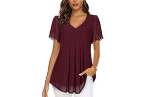 ACDAY Womens Blouses V Neck Ladies Tops Petal Short Sleeve Chiffon Tops Double Layers Mesh Tunic Tops Casual Shirts
