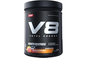 ‎VAST V8 Total Energy – Pre Workout Booster – Trainingsbooster – CarnoSyn®, BetaPower®, natürliches Koffein – Vegan – Zuckerfrei – 20 Portionen – Made in Germany – Peach Mango