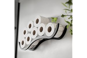 EWART WOODS Toilet paper holder storage wall mount bathroom toilet paper organizer roll shelf unique wood holder for tissue paper towel wooden bath accessories Wave (Black)