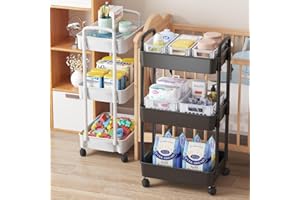 Multibao 3 Tier Storage Trolley Cart on Wheels Plastic Mobile Rolling Trolley For Kitchen Bathroom Laundry Rolling Rack L39 cm x W27 cm x H73 cm Black