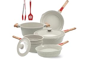 AIKENBBKK Set di Pentole e Padelle Antiaderenti con manici amovibili, Batteria di pentole 10 Pezzi in Alluminio con Coperchi, Lavastoviglie& forno sicuro (Bianco)