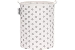 Sea Team 19.7 Inch Large Sized Waterproof Coating Ramie Cotton Fabric Folding Laundry Hamper Bucket Cylindric Burlap Canvas Storage Basket with Stylish Grey Dot Design