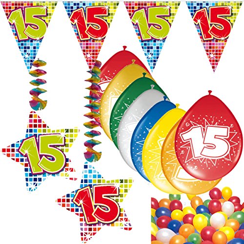 54-teiliges Partydeko Set * ZAHL 15 * für Kindergeburtstag oder 15. Geburtstag mit Girlande, Rotorspiralen, Luftschlangen und vielen Luftballons von CARPETA®