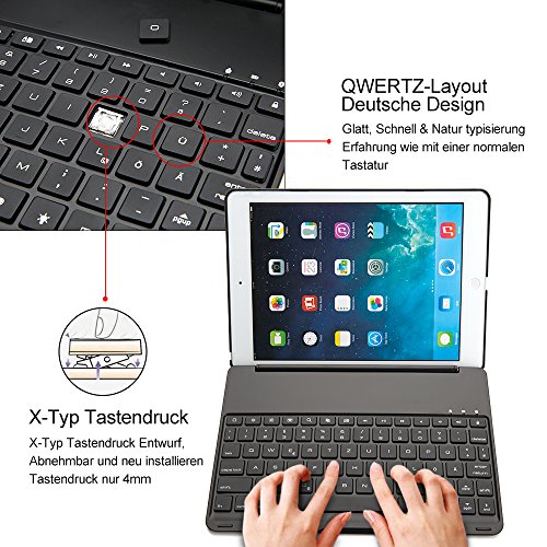 iPad Air 2 Tastatur Case Hülle, iEGrow F8S+ Deutsche Bluetooth Tastatur-Fall Case Cover mit 7 Farben Hintergrundbeleuchtung für iPad 6, Schutzhülle mit mit Auto Wake / Schlaf Funktion [QWERTZ Deutsches Tastaturlayout] Schwarz - 5