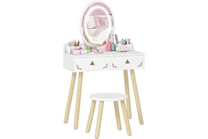 AIYAPLAY Kids Vanity Table and Chair Set, 2 in 1 Children Dressing Table with 3-Colour LED Lights Mirror, Drawer, Storage Boxes, Girls Makeup Desk Set for 3+ Years, for Playroom, Bedroom, White
