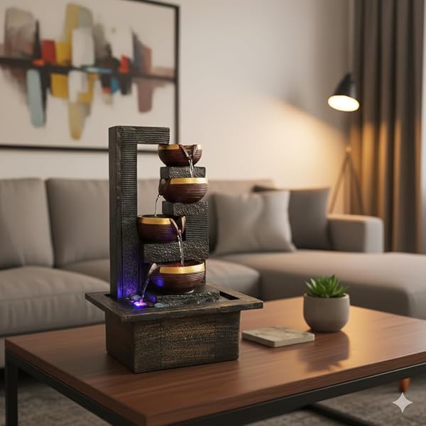 ALILA Table Top Water Fall Fountain for Home Decor with LED Lights