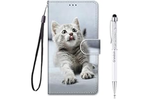 Grandoin Compatible with Motorola Moto G9 Play/Moto E7 Plus, PU Leather Flip Cover Wallet Case with Magnetic Closure Stand Card Holder ID Slot Folio Soft TPU Bumper Protective Skin (Grey Cat)