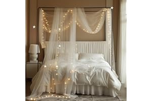 HANYUN Himmelbett Vorhänge mit Sternenlichtkette, Organza Stoff Hochzeit Vorhang Weiß Fenster Deko Tüllstoff Meterware Transparent für Betthimmel Doppelbett Hochzeit Traubogen Boho deko (29.5x228 led)