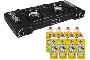 BARGAINS-GALORE Portable Double Gas Cooker Stove + 8 Butane Gas Bottles Canisters - For Outdoor Camping, Fishing, Caravan & BBQ | Premium Burner, Automatic Ignition & Heater Control, EN417 Compliant - Black Grill