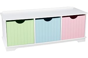KidKraft Pastelowa drewniana ławka do przechowywania Nantucket dla dzieci z 3 szufladami/pojemnikami do przechowywania/koszami, przechowywanie zabawek, meble do sypialni dziecięcej, meble do pokoju
