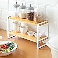 Decorlay Metal & Wooden Spice Rack Organizer Space Saver Counter-top Storage for Kitchen, Bathroom, Office, and Cosmetics (White + Beech, Two - Tier)