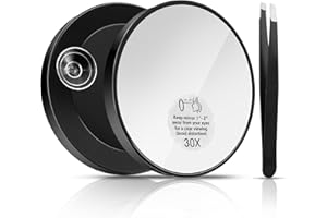 Andibro 30X Magnifying Mirror, 3.5 inches Magnifying Mirror with Suction Cup and 1 Tweezers Magnification Handheld Mirror Travel Magnifying Mirror Stick on Shower Mirror for Precise Makeup Application