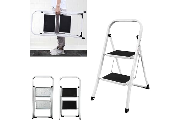 Escabeau pliant, escabeau pliable à 2 niveaux, large marches antidérapantes, échelle pliante portable en acier, escabeau léger, charge jusqu'à 150 kg