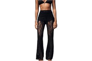 GORGLITTER Women's Lace Flared Trousers Sheer Bell Bottom High Waisted Sexy Going Out Party Club Pants
