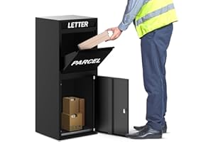 BELOFAY Floor-Mounted Parcel Box Outdoor, Lockable Steel with Flip Lid & Secure Front Door Access, Black, Large Size Post Box for Frequent Internet Deliveries.