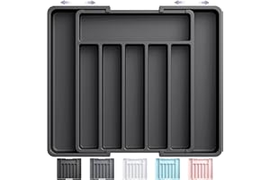 Aujen Cutlery Drawer Organiser - Expandable Kitchen Drawer Storage Organiser, Adjustable Cutlery Tray, Multipurpose Utensil Organisation for Forks, Knives, Black, 34 x 4 x 26~50 cm