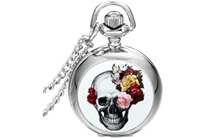 JewelryWe Montre de Poche Quartz Fleur Rose Tête de Mort Crâne Gothique Diable Rétro Pendentif Collier Alliage Fantaisie pour Femme Couleur Argent avec Sac Cadeau
