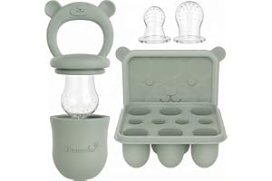 Broemba Baby Fruktnapp Set | Fruktnapp med bitring, 3 nappar och isform med lock. Grön. Från 6 månader. Tål diskmaskin.