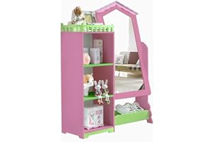 WODENY Kids Wardrobe Children Storage Cabinet with Mirror | Child Wooden Organizer Locker Cupboard Bedroom Furniture (Pink)