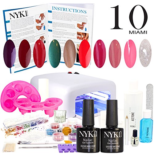 NYK1 Shellac Kit MIAMI 10 Colours Gel Nail Elite Shellac Starter Kit Complete. Absolutely Everything Included for Salon Perfect MANICURE & PEDICURES. 36w UV Lamp, 30ml Prep&Shine Sticky Residue Remover, 200 Lint Free Wipes, CND Mini Solar Oil, 100ml Acetone Remover, 12 GLITTER POWDER Nail Art Pots, plus Lots More. Top Coat and Base Coat already included with Full NYK1 Simple Instructions