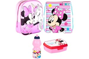 Disney Minnie Maus Mouse 4 Teile Kindergarten 3D Rucksack Tasche Turnbeutel Brotdose Trinkflasche Set mit Sticker-von-Kids4shop