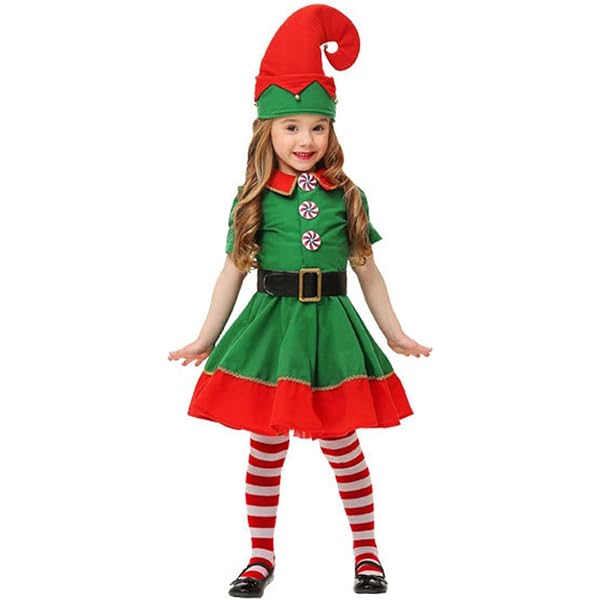 Disfraz De Duende Navideño Para Niña - Conjunto Completo (vestido, Sombrero, Calcetines), Tela De Algodón, Para Fiestas Y Cosplay