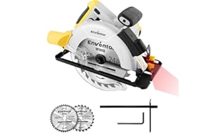 ENVENTOR ręczna pilarka tarczowa 1200 W, z 2 x brzeszczotami tarczowymi, (średnica brzeszczotu: 185 mm, 24T + 40T), 5800 obr./min, z prowadnicą laserową i prowadnicą Rip Guide, do drewna, miękkiego