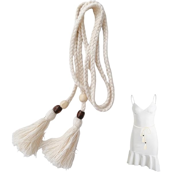 Yuanchu Vrouwen Gevlochten Geknoopte Taille Riem Met Dunne Kwastje Voor Jurk Rok - Exotische Ketting Skinny Touw Design, Wit, 72.04inch