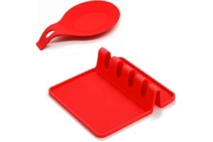 OKAMI PRODUCTS Silicone Utensil Rest with Drip Pad for Multiple Utensils, Large Spoon Holder Rest for Ladle, Spatula, Tongs, Fork - Set of 2 - Both in Red