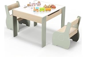 DREAMADE 3 en 1 Ensemble Table et 2 Chaises Enfant,Table d'Activité avec Tableau Noir,Dossier Ergonomique,Boîtes de Rangement,Motif Éléphant pour Dessiner,Étudier (Vert)