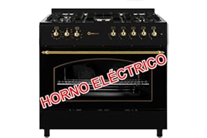 SOLTHERMIC F9L50E5R COCINA GAS CON HORNO ELECTRICO NEGRA RUSTICA CON MANDOS DORADOS/ANCHO 90 CMS / 5 FUEGOS/HORNO PANORAMICO 115 L. / GAS BUTANO Y GAS CIUDAD/ENTREGA A DOMICILIO