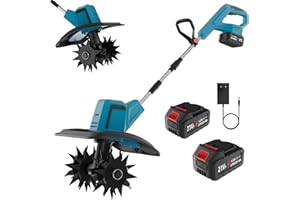 XOEMINOR Motozappa a Batteria, 21V Motozappa Elettrica con 2 x 4.0Ah Batteria, Motore Brushless da 550 W, Larghezza 20 cm, Profondità 15cm, 4 Lame in Acciaio, Doppio Pulsante, Per Coltivazione, Diserbo