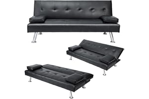 CROWNSHOP 3 Seater Sofas Modern Sofa Beds with Upholstered Convertible Sofas & Couches Couch Adjustable Angle Sofas with Metal Legs for Living Room/Spare Room/Guest Room Black PU Leather