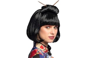 Boland 86417 - Perruque Chinoise pour adultes, cheveux synthétiques noirs avec baguettes, coiffure pour costumes de carnaval, carnaval et fête à thème