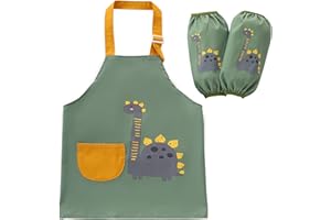 ‎MELLYSTORE mellystore Kinderschürze Dinosaurier Kochschürze Kinder mit 2 Ärmel Wasserdicht Malschürze Kinder 6 Bis 9 Jahre Küchenschürze Kinder Mädchen Jungen mit Taschen für Basteln Malen Backen Kochen Grün