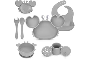 MOJINL Silikon Baby Geschirrset mit Saugnapf, BPA Frei Kindergeschirr Set,8 Stück Baby Besteck Set mit Baby Teller Löffel Gabel Schüssel Lätzchen Snack Becher Trinklernbecher für Baby Mädchen Junge