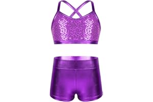 Freebily Conjunto de Deportivo Danza Hiphop para Niñas con Lentejuelas Brillante Crop Top y Leggings Cortos Maillot de Gimnasia Rítmica Ropa Baile Moderno Jazz 5-14 Años